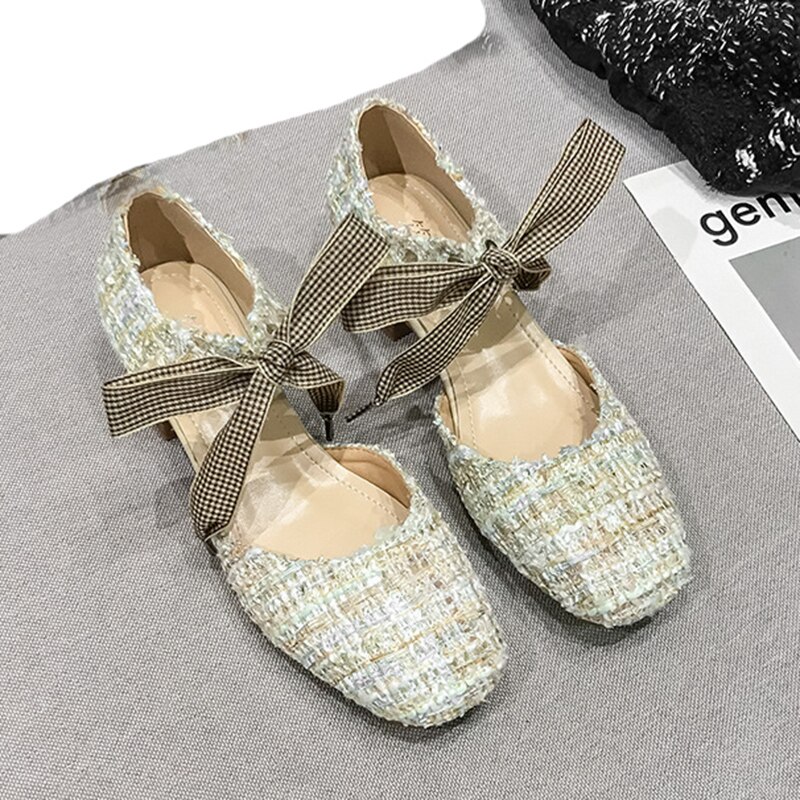 Sandalen met houten hakken, geruite strik, veterschoenen voor dames, feeënschoenen met vierkante neus, sandalen met hoge hakken, plus size 35-44 damessandalen: Abrikoos / 5