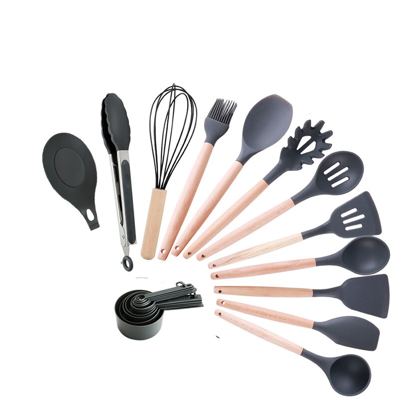 CTHome, ensemble d'outils de cuisine en Silicone de supérieure, ensemble d'ustensiles en Silicone, tourneur pinces spatule cuillère à soupe, brosse à huile à pelle antiadhésive: black 14PCS