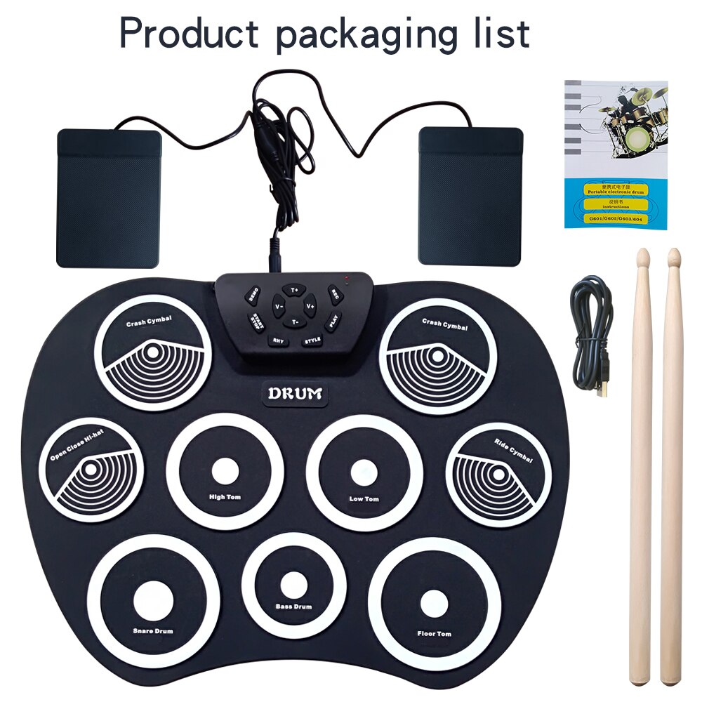 Portable Electronics Drum Set Roll Up Kit 9 Silicone Pads USB Powered with Foot Pedals Drumsticks Cable