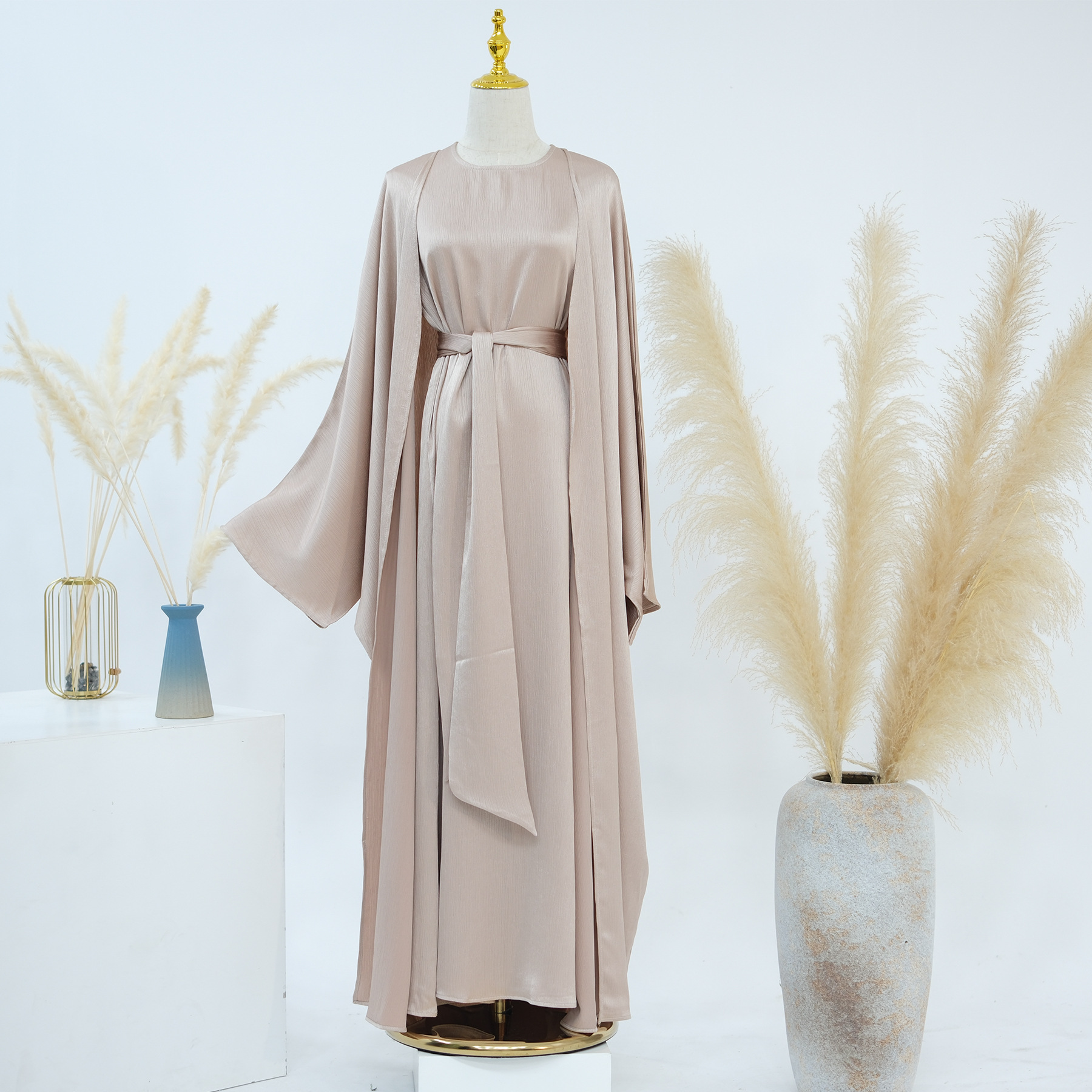 Ramadan dubai cetim liso 2 peças conjunto abaya roupas de oração feminino modesto conjuntos muçulmanos caftan marocain robe femme musulmane kaftan