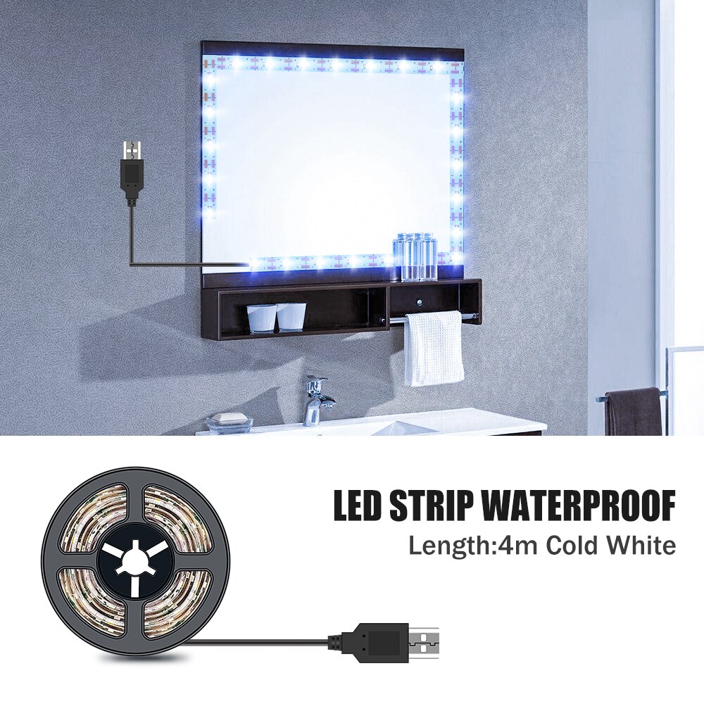 Luz LED para espejo de maquillaje, luces de tocador Hollywood impermeables de 5V, 1M, 2M, 3M, 4M, 5M, para decoración de baño: 4M  Cold White