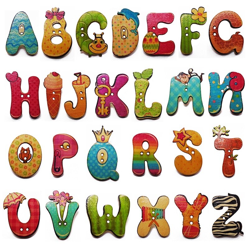 26Pcs Gemengde Cartoon 26 Kleuren Schilderen Grote Alfabet A-Z Houten Knoppen Naaien Scrapbooking Hout Letters Kids Handgemaakte