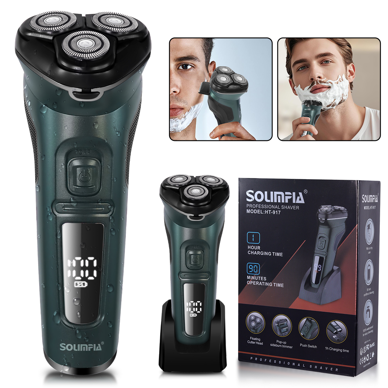 Solimpia-Afeitadora eléctrica resistente al agua con pantalla LCD para hombres, afeitadora Facial con cuello seco y húmedo, recargable por USB: Verde