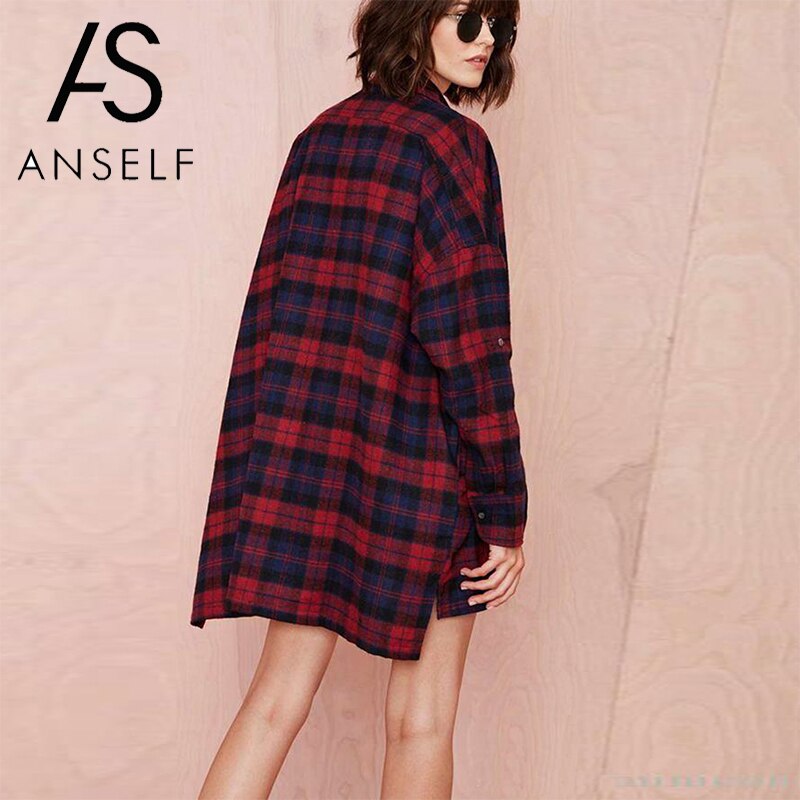 Anself femmes grande taille chemises à carreaux femme surdimensionné chemise Tartan poche col rabattu à manches longues coton décontracté femme hauts
