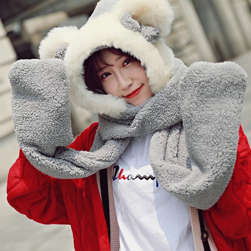 Baby Girls Mom Ears Hats Children Women Winter Warm Plush Winter Scarf Caps Gloves Cute Kids Cute Bunny Funny Hats Cap: Adult-Gray