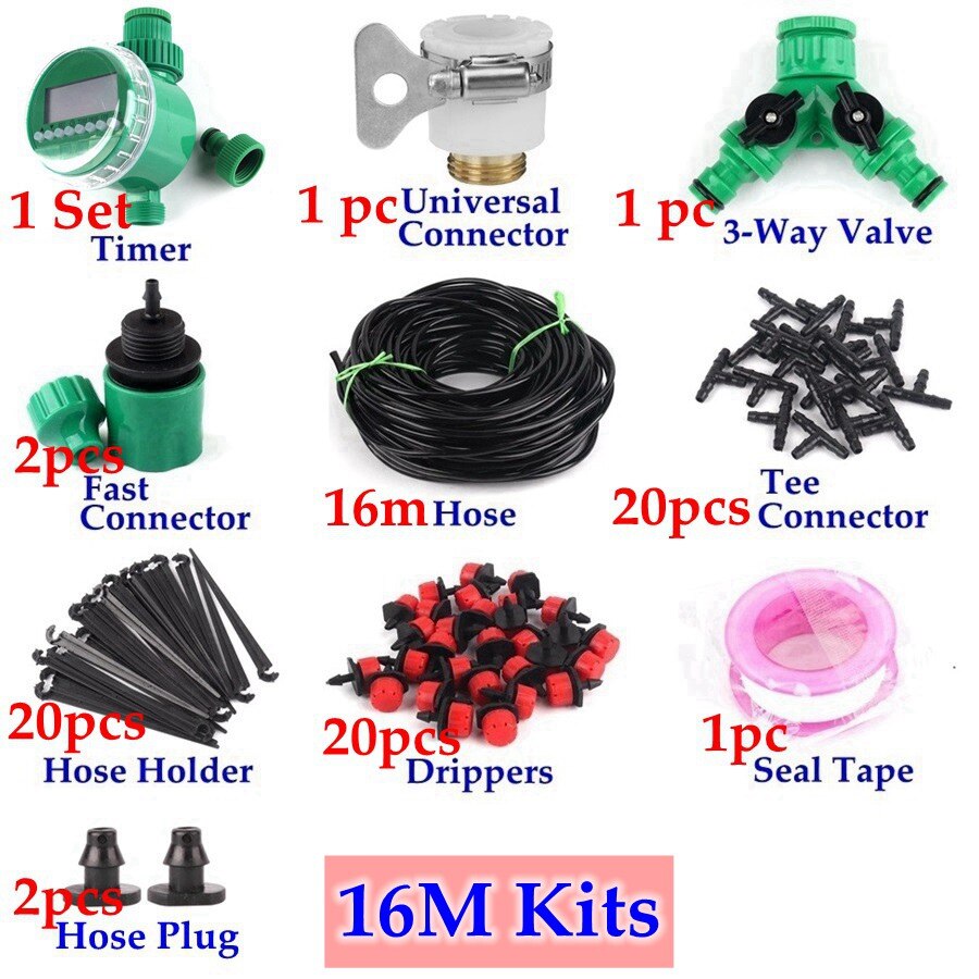 Sistema de riego por goteo con Control de temporizador DIY de 8 ~ 40m, Kit de riego automático, goteros ajustables, sistema de riego de flor de jardín de casa: 16m Kit