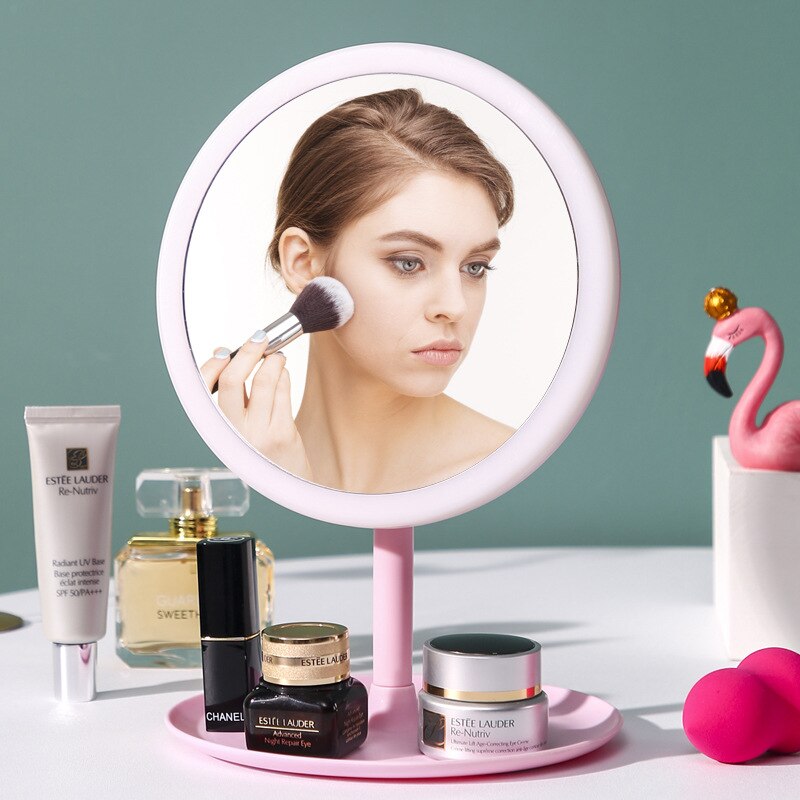 MIROIR DE MAQUILLAGE À LED Avec Lumière dames Maquillage Lampe Avec Rangement de bureau Rotatif Miroir Cosmétique De Forme Ronde Miroirs De Noël