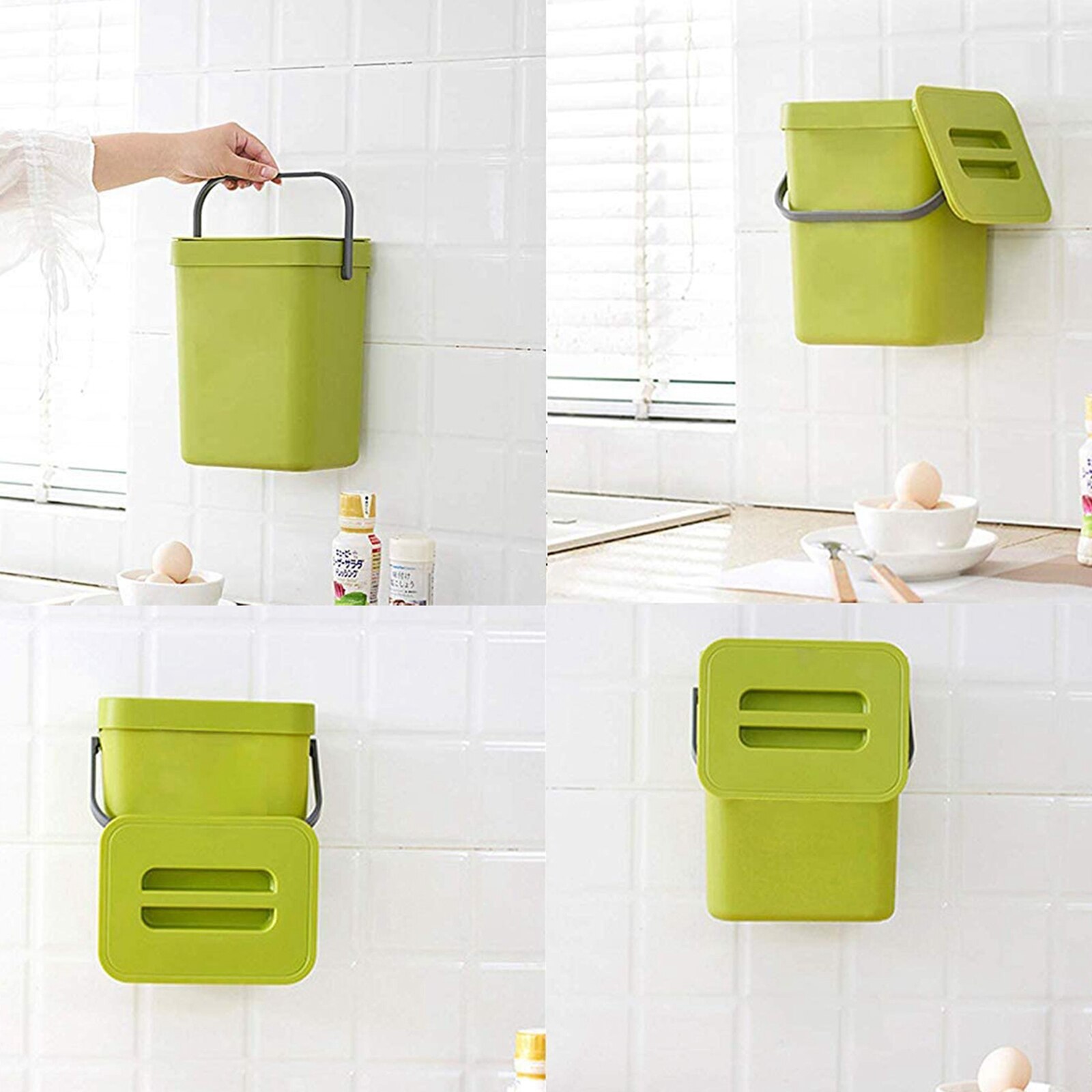 Modern Waste Rubbish Bin Wall Mounted Office Kitchen Trash Can Lid: Green 3L