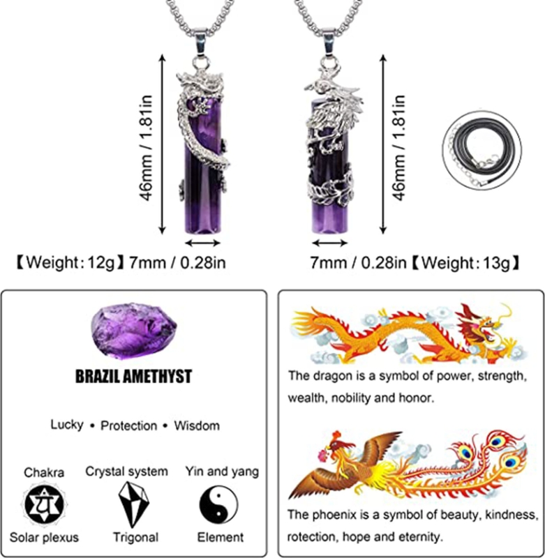 Collar cilíndrico con colgante de Yin Yang para parejas, 2 piezas, dragón de cristal, Fénix, curación por radiación