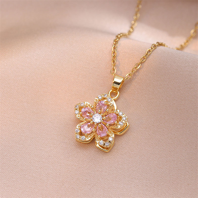 Collar con colgante de flor romántica de circón brillante para mujer, gargantilla de flores giratoria chapada en oro, joyería de lujo para de boda para niñas: Color amarillo dorado claro