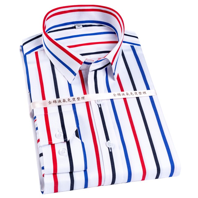 Men&#39;s Color Block Striped Wrinkle-Resistant Dress Shirt Long-Sleeve Standard-fit Hidden Button Collar Casual Pure Cotton Shirts: 39