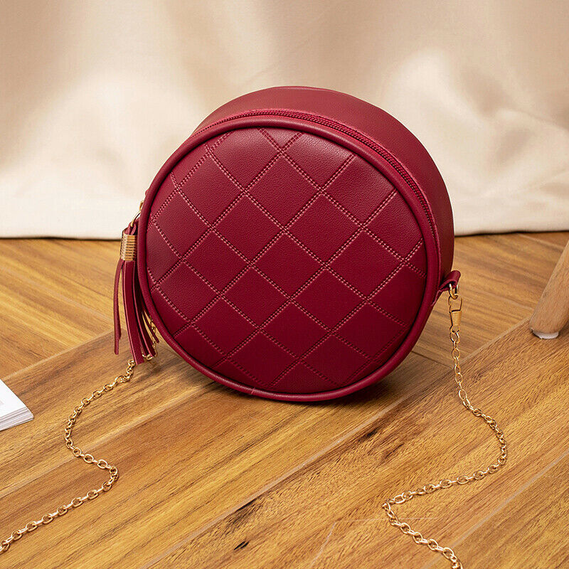 Women Bag Mini Handbag Solid PU Leather Messenger Bag Ladies Mini Circular Crossbody Bag with Tassel Bolsas Feminina
