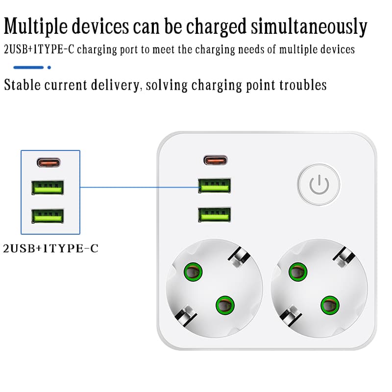 Eu-uttag 2 uttag multitap-vägggrenuttag eluttag utan förlängningssladd med 2 usb 1 typ-c-portar 2500w maxeffekt