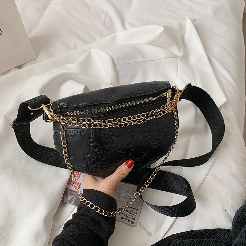 Stilvolle Tasche Weibliche Neue Schüler Westlichen Stil Brust Tasche Crossbody Einfarbig Kette Textur Beliebte Schulter Bote Tasche: schwarz