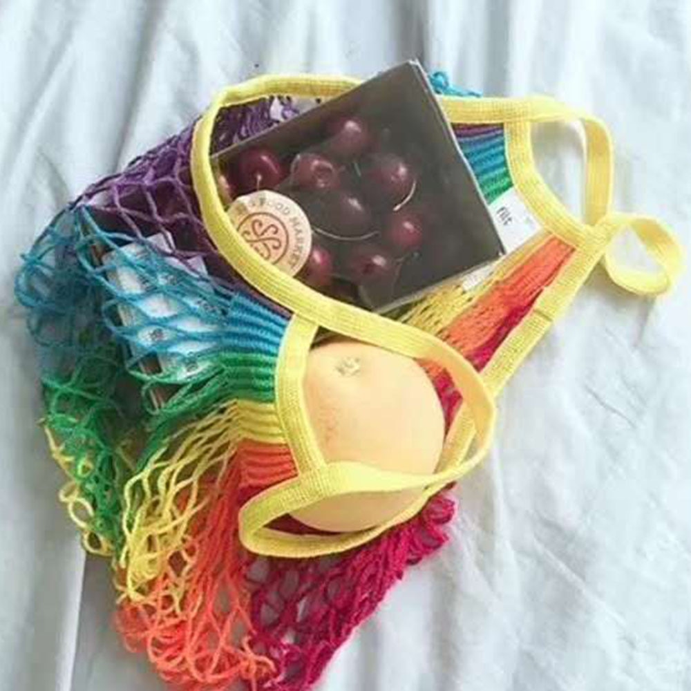 Regnbue stor mesh net indkøbstaske genanvendelig snor frugt opbevaring håndtaske totes kvinder shopping mesh net vævet taske holdbar