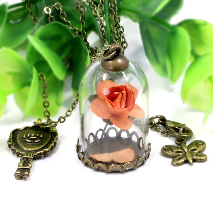 Schoonheid en Het Beest Retro Glazen Flacon Ketting Vlinder Wens Accessoires Ketting Rode Rose Gedroogde Bloem Sieraden voor Vrouwen Meisjes: 14