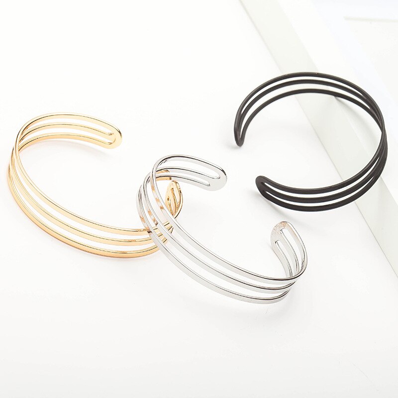 Mode-sieraden 3 Gelaagde Zilveren Kleur Goud Zwart Kleur Opening Verstelbare Draad Manchet Armbanden Armbanden Voor Vrouwen Mannen