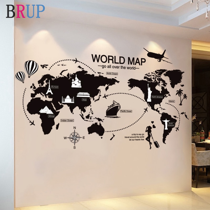 Grote Maat Wereldkaart Muurstickers Zwarte Kaart van De Wereld Home Decor voor Kinderkamer Reizen Vliegtuig Muurstickers voor Slaapkamer
