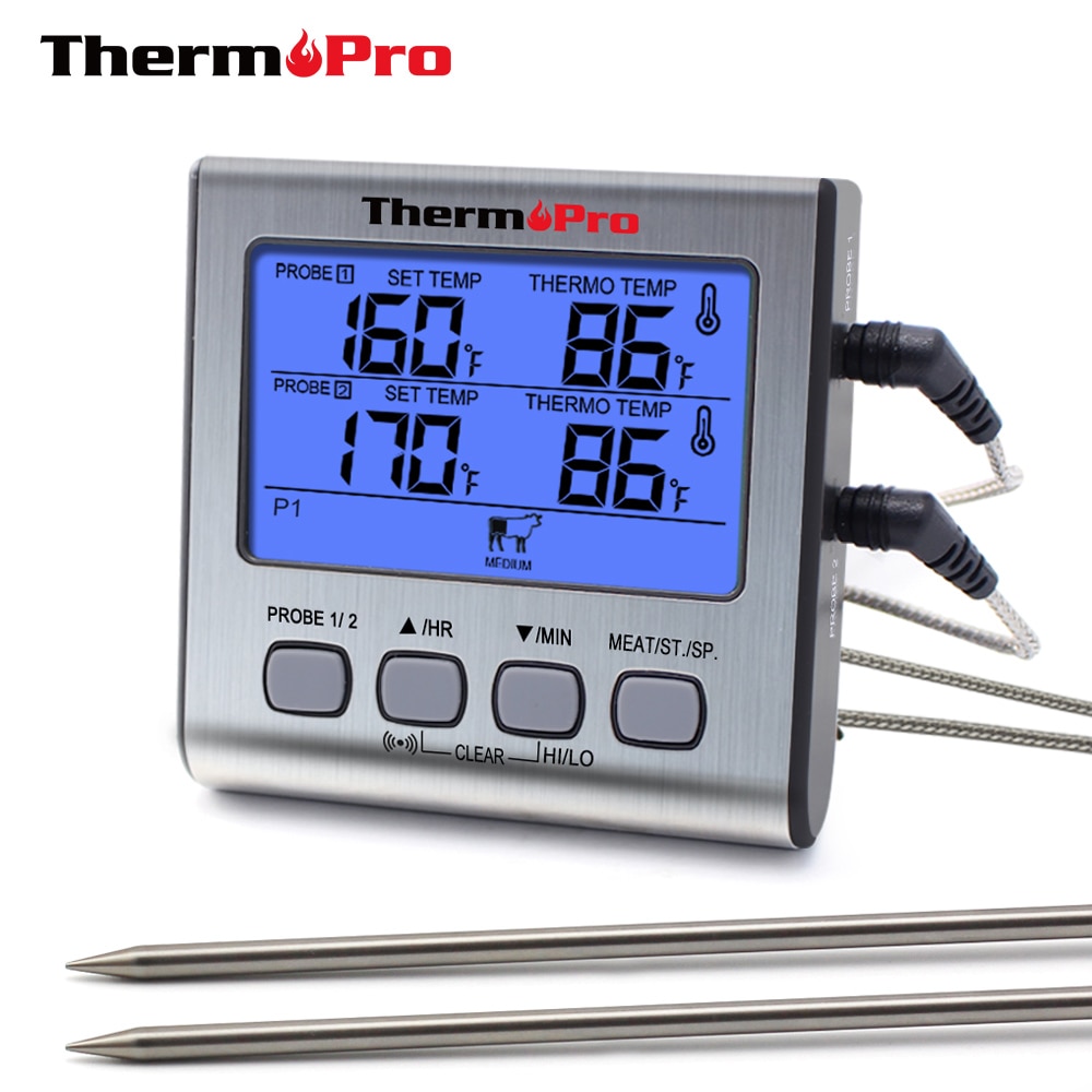 ThermoPro TP17 Dual Sonde Kochen Im Freien Fleisch Thermometer Großen Lcd-hintergrundbeleuchtung Essen Grill Thermometer mit Timer Modus für Raucher
