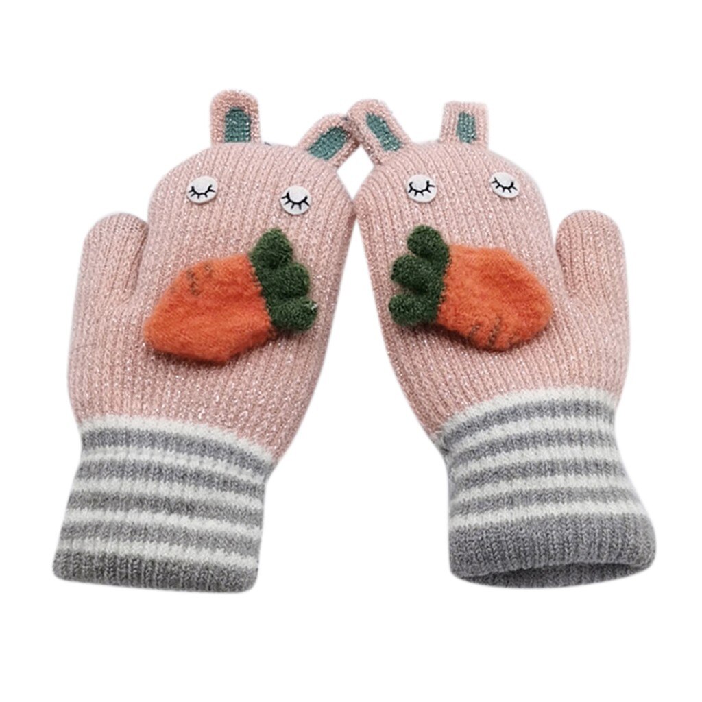 Cartoon Rabbit Knitted Gloves For Children Kids Boys Girls Carrot Applique Patchwork Hand Gloves Winter Warm Full Finger Mittens: D