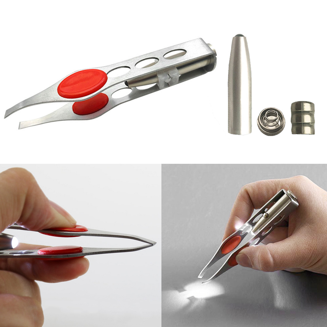 Four-hole LED Light Stainless Steel Eyebrow Tweezers Eyebrow Clip/Hair Removal Tweezer/ Face Hair Remover