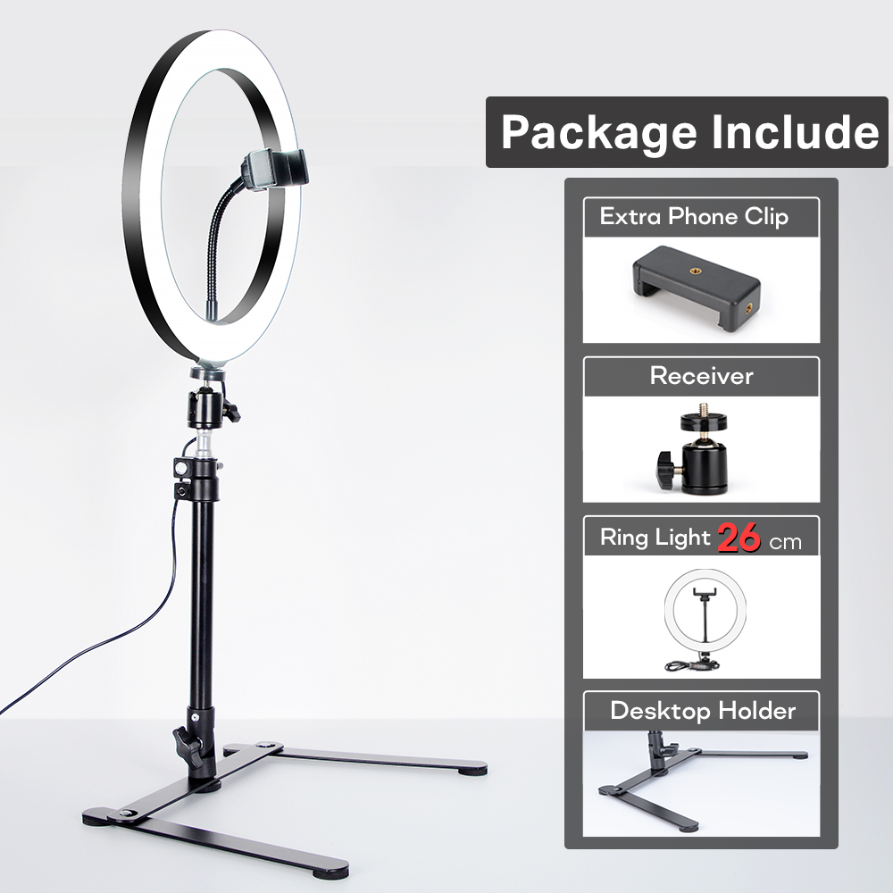 Anneau lumière photographie éclairage lampe à LED avec trépied pour support de téléphone portable accessoires de support avec pince pour Photo Selfie vidéo: 26cmLight-DeskHolder