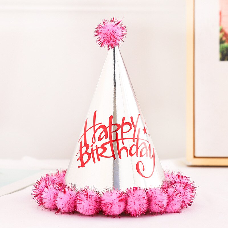 2pcs Birthday Cap Baby Kid Birthday Party Hat Child Crown Decoration Pompon Cap silver Birthday Hat Party decoration supplies: B 2PCS