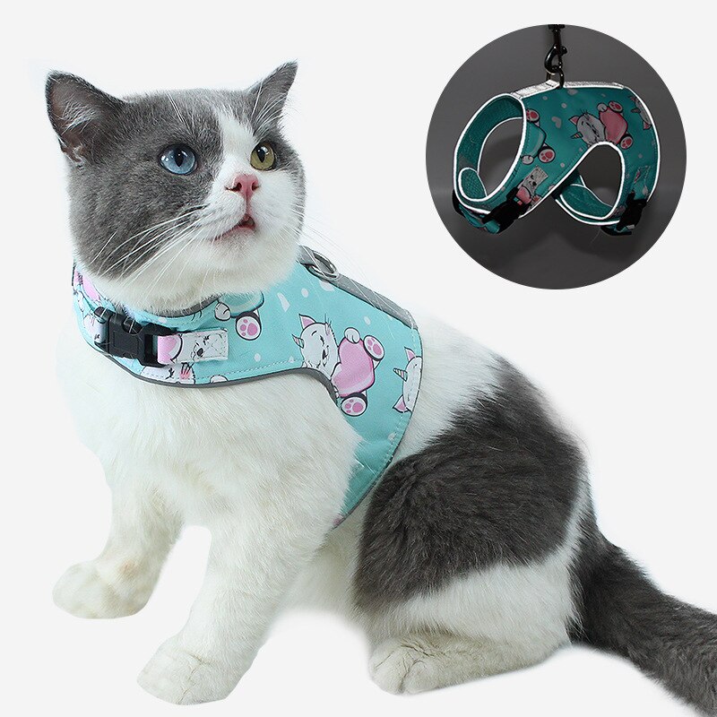Katze nutzbar machen Katze Leine einstellen Polyester Reflektierende Karikatur aufbringen Haustier nutzbar machen Einstellbar Büste Klett Sicherheit Schnalle