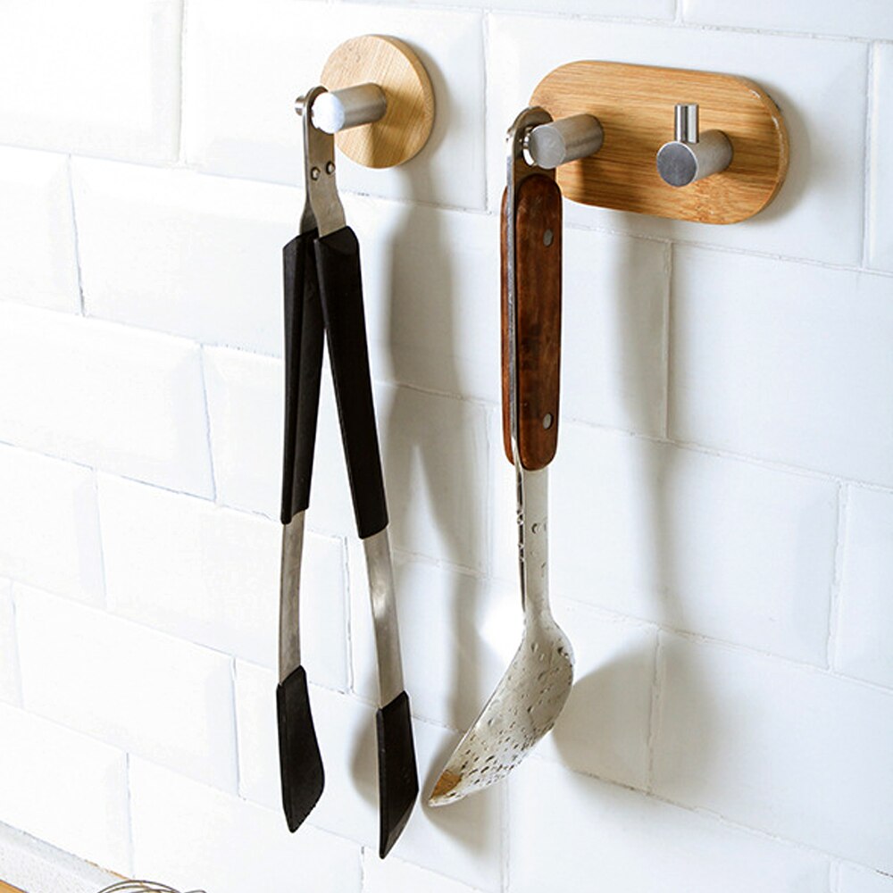 Home Storage Key Hanger Organization Bamboo Stainless Steel Hooks Self Adhesive Kitchen Gadgets