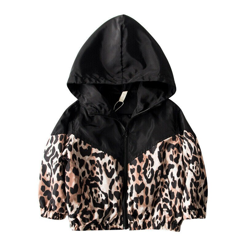 Focusnorm 1-7 år børn drenge pige frakke leopard patchwork jakke langærmet lynlås hætteklædte toppe frakke