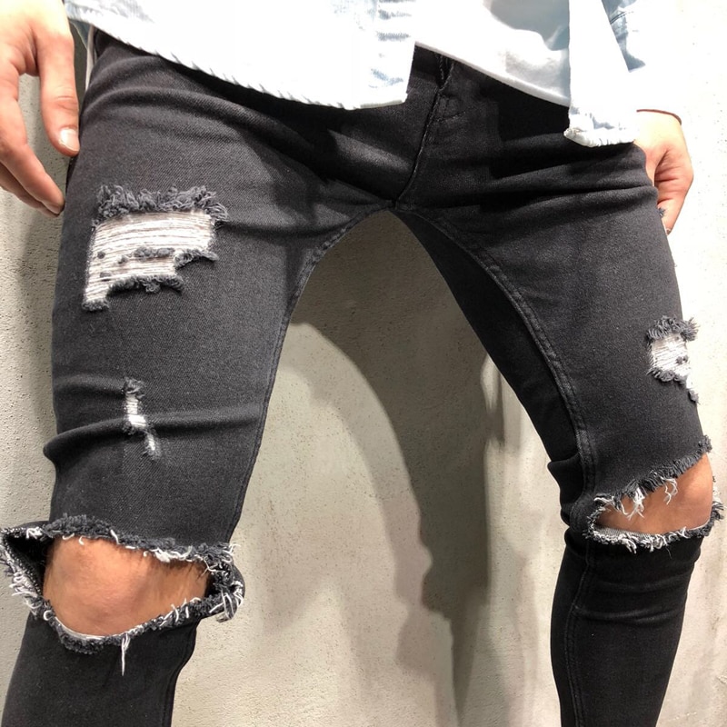 Herre sorte jeans skinny flået ødelagt ... – Grandado