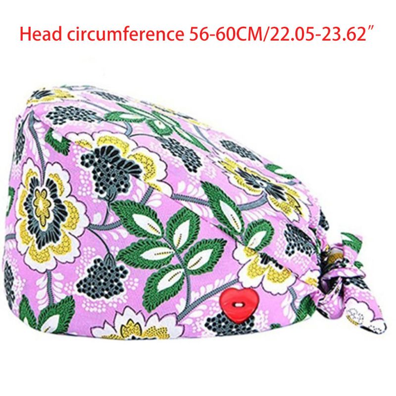 Women Ethnic Paisley Buttons Scrub Cap wtih Hair Ties Work Bouffant Hat F3MD