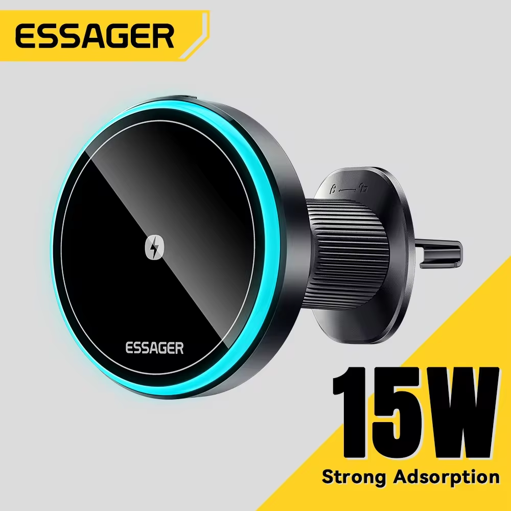 Magnetyczny uchwyt samochodowy Essager na telefon 15W Bezprzewodowa ładowarka do iPhone'a 15 14 13 Pro Max Ładowarka samochodowa do Magsafe LED Light