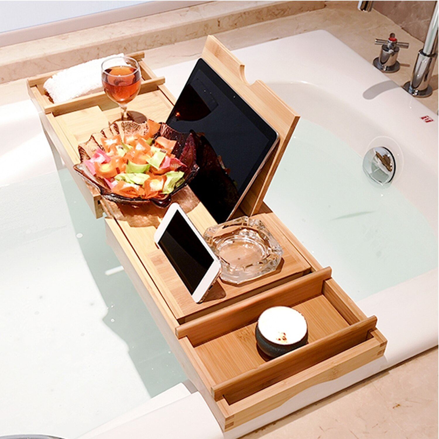 Bathroom Organizer Bamboo Caddy Tray Adjustable Bathtub Caddy Organizer Bathroom Book Wine Glass Holder Tablet Phone Holder Rack