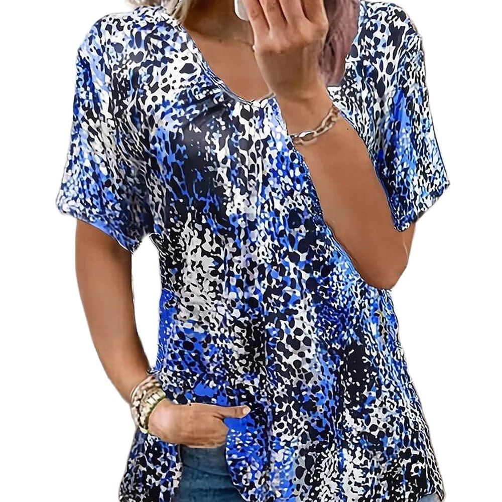 Veste Plissée à Manches Courtes et Imprimé Léopard, Grande Taille, pour l'Été, Europe et États-Unis: XXXL / Bleu