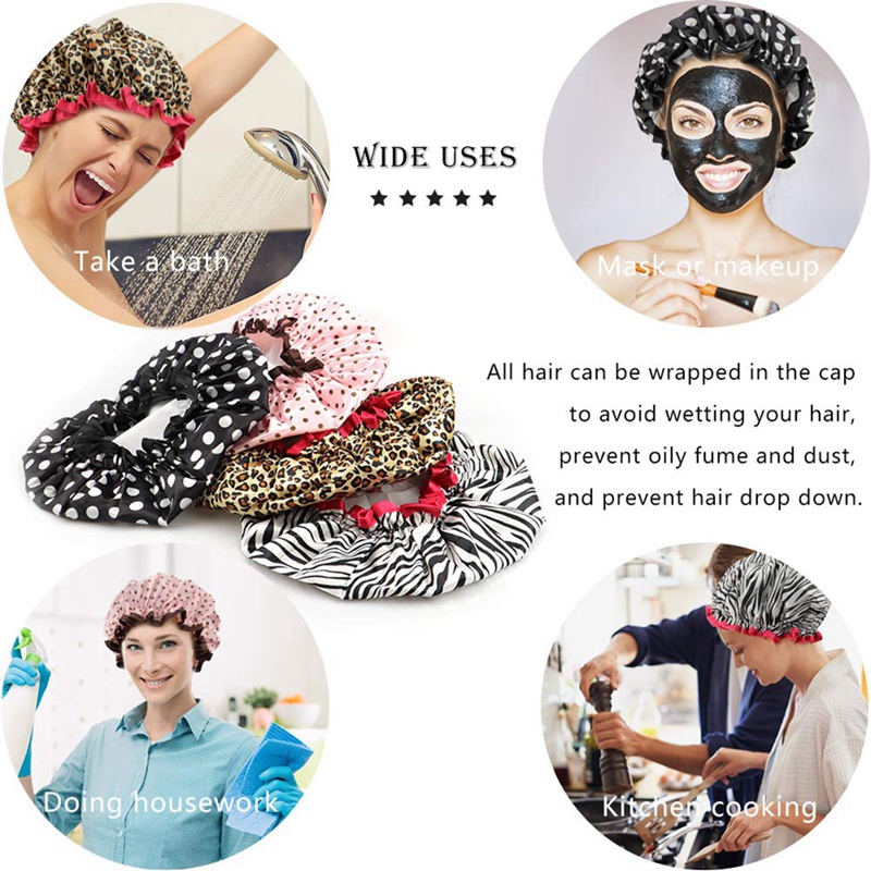 4Pcs Double-Layer Waterproof Shower Cap, Ladies Shower Cap, Elastic and Reusable Shower Cap