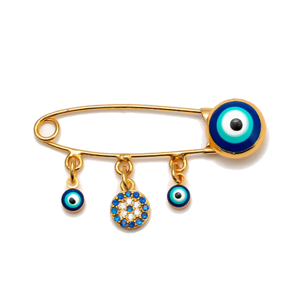 Lucky Eye Oil Blue Turkish Evil Eye Safety Pin Fatima Hamsa Hand Round Charm Brooch Pin for Women Men Jewelry: Imitation Rhodium Plated