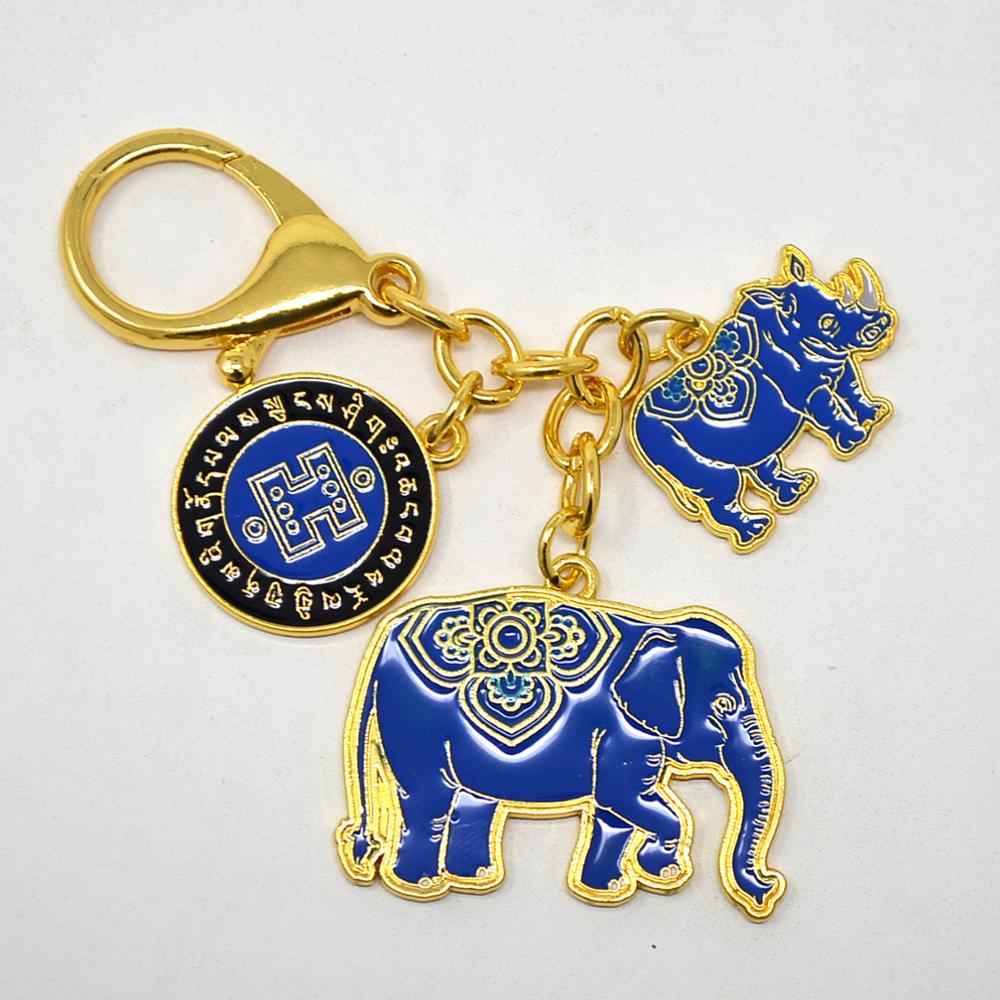 Porte-clés Anti-cambriolage Feng Shui, éléphant et rhinocéros bleus W4283