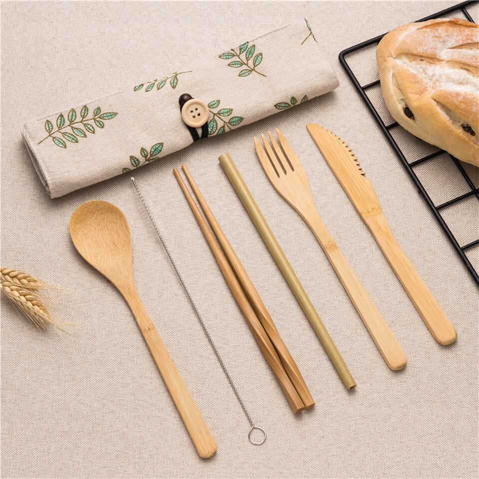 Draagbare Bestek Set Houten Bestek Vork Lepel Mes Tandenborstel Eetstokjes Bamboe Stro met Bestek Zak voor Reizen Picknick Set