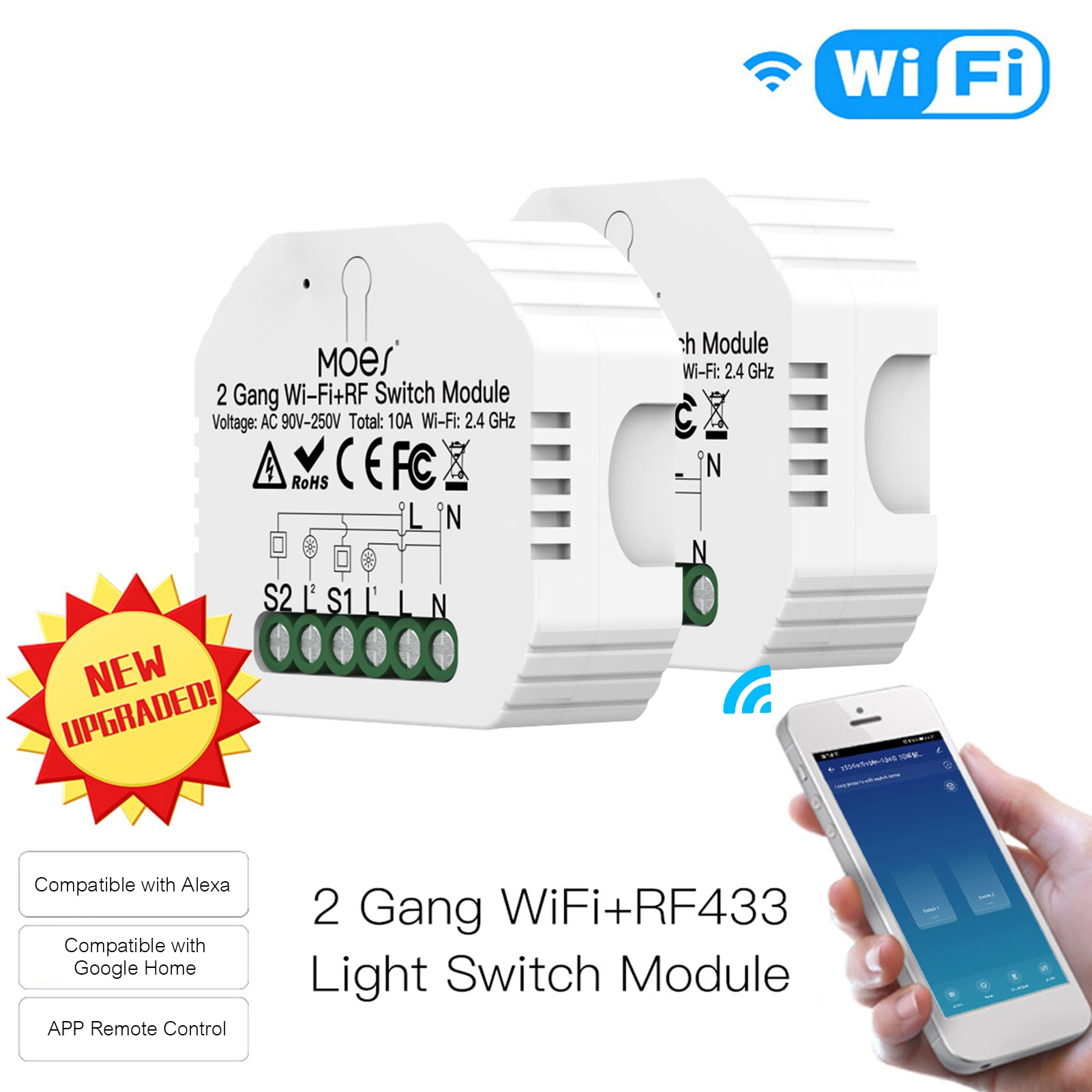 2 Gang Wi-Fi Switch Module Intelligent Light Switch Hidden Voice Control Compatible Alexa/ Google Home APP Control