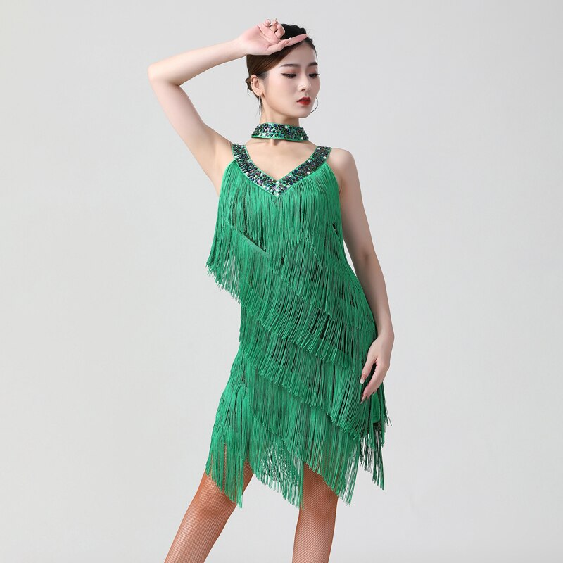 Ladies Party Ballroom Latin Tango Salsa Dance Dress Fringes Tassels Dress Women Festival Costumes 9 Color: Green