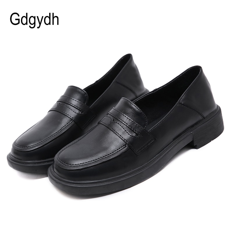 Gdgydh Round Toe Loafers Flats Shoes Woman Spring Summer Female Casual Shoes Black Leather PU Flat Heel