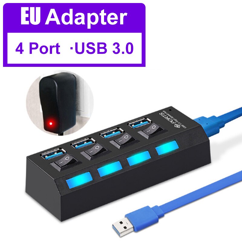 YTOM HUB USB 3,0 de 2,0 HUB Splitter USB Multi 4/7 expansor de Puerto múltiples USB 3 Hab uso adaptador de alimentación de USB3.0 con interruptor para PC: 4 port 3.0 with EU