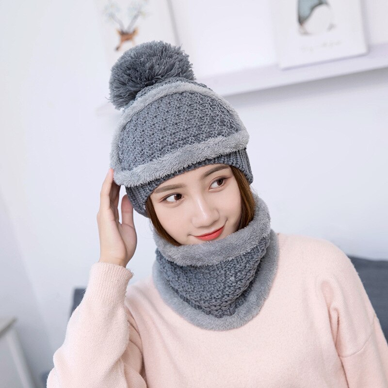 Håndstrikkede hatte kvinders hat vinterkold hatdragt koreansk varme hatte kombination: Grå
