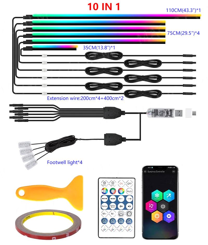 Tira de luces LED RGB para coche, luz ambiental arcoíris, USB, música Symphon, lámpara de ambiente con aplicación de Control remoto, 10/6/4/2/1 en 1: Azul oscuro
