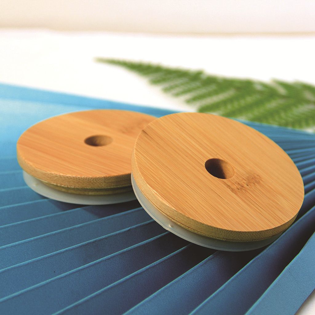 Tapas de tarros de madera de bambú con anillo de sellado de silicona, tapa de madera reutilizable, botellas, tazas, tapas de vasos con agujero de paja, 70/86mm, 1 ud.