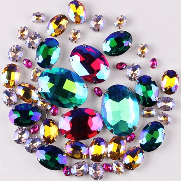 Silver claw setting Oval shape 7 sizes mix 50pcs/bag glass crystal sew on rhinestone beads wedding dress shoes bags diy trim: A5 AB colors mix