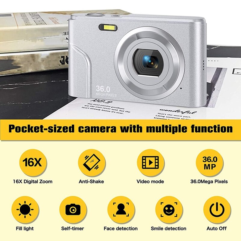 1080P 36.0 Mega Pixels Digital Camera with 16X Digital Zoom, LCD Screen, Portable Mini Cameras for Students Teens
