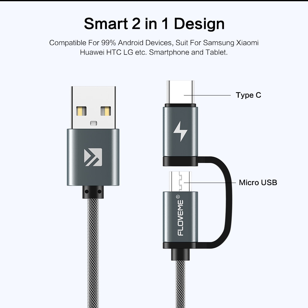 FLOVEME QC 3.0 Type c USB Cable For Samsung Galaxy Note 9 S9 2 in 1 Fast Charge USB Cable For Huawei P20 For Xiaomi Note 5 Pro