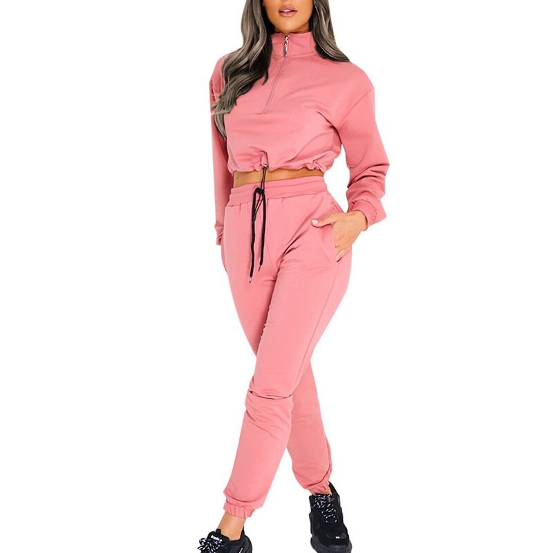 Conjunto de dos piezas de Color liso para mujer, pantalones de cintura alta con ombligo expuesto y cremallera redonda de manga larga, ropa de femenina: E700307 / XL